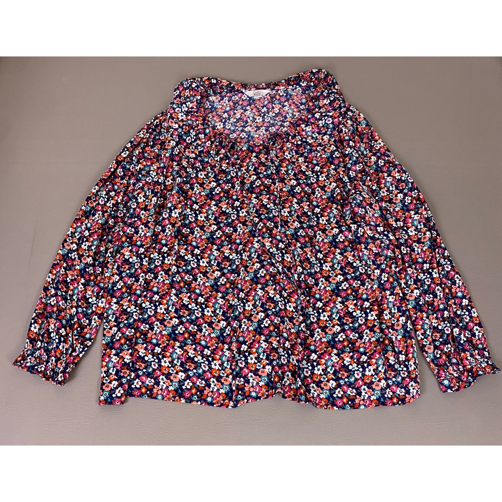 Croft & Barrow Blouse Top Plus Size 2X Floral‎ Ruffle Neck Tie Peasant Navy Pink